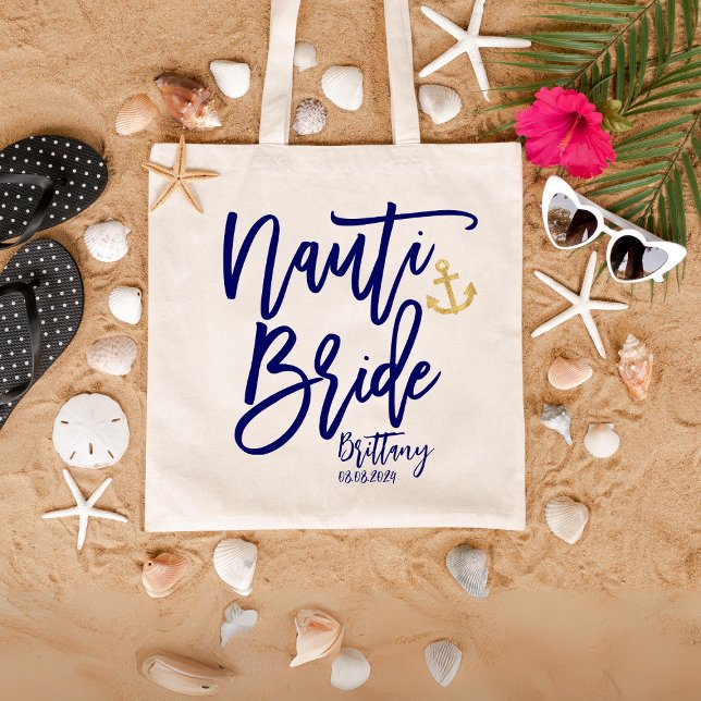 Funny Nauti Bride Blue Modern Calligraphy Tote Bag (Creator Uploaded)