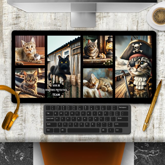Funny Nautical Photo Grid Cat (Desk mat featuring a photo collage or collection of funny nautical themed cat images)