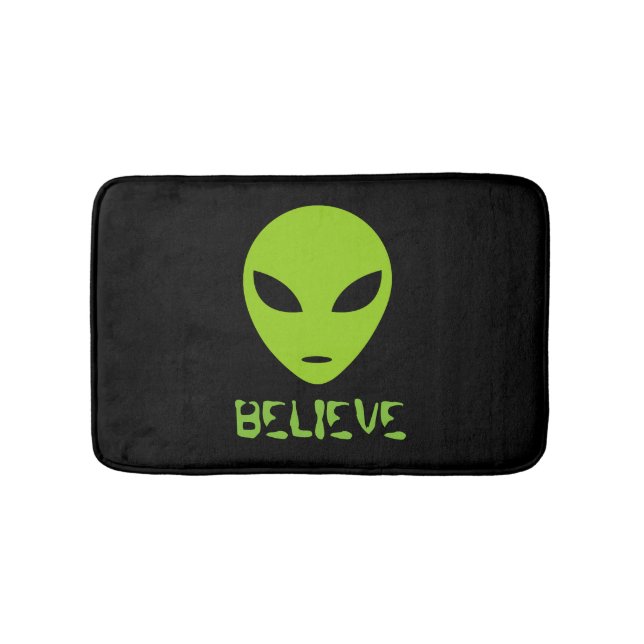 Funny neon green space alien black bath mat (Front)