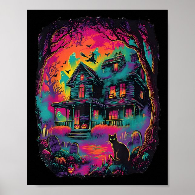 Funny Neon S Ghost Black Cat Witch Halloween  Poster (Front)