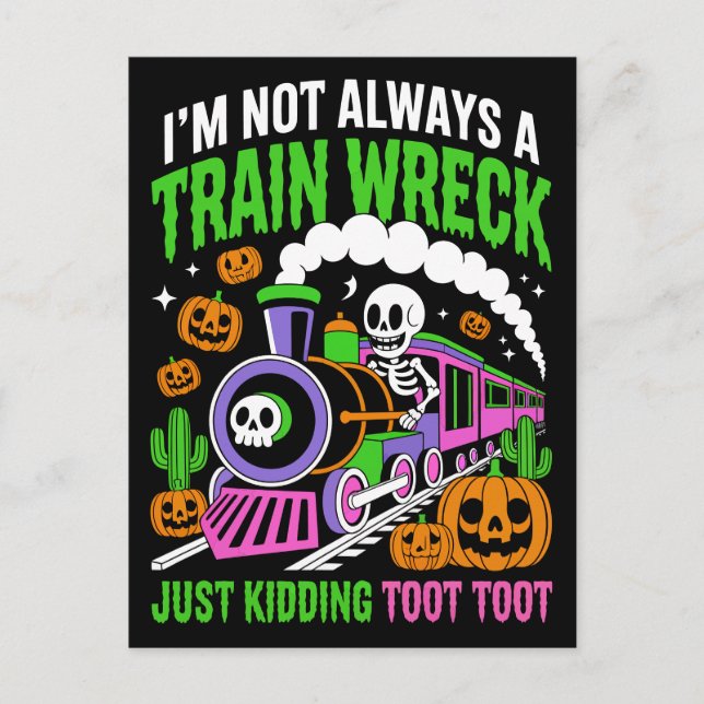Funny Neon Train Wreck Skeleton Halloween Pun Postcard (Front)