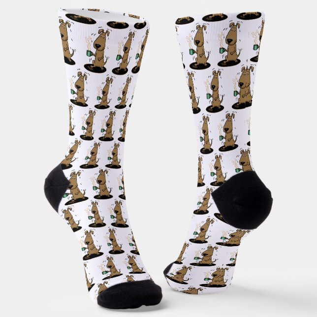 Funny Nervous Jittery Hound Dog on Coffee Socks (Angled)