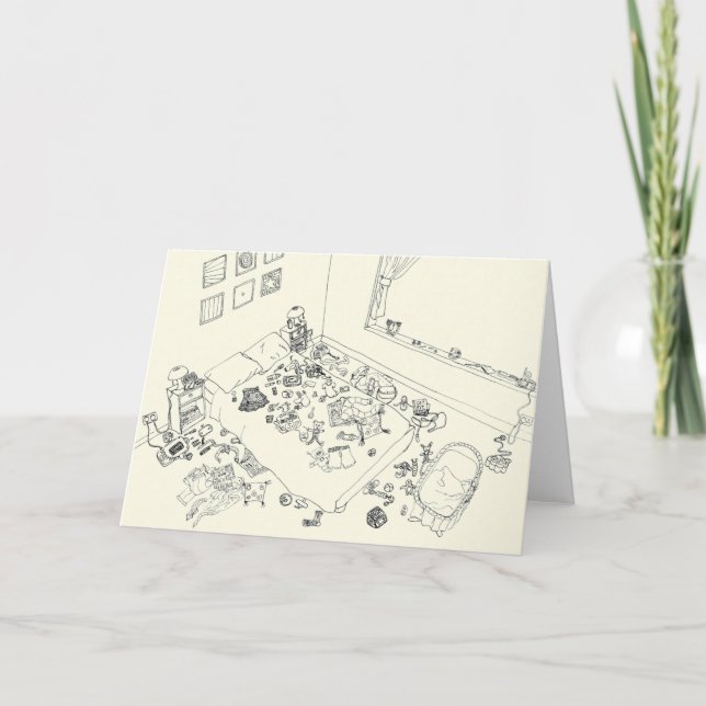 Funny New Baby Parent Mess Line Drawing from Above Card (Front)
