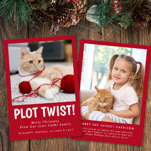 Funny New Kitten Family Photo Red Christmas Holiday Card