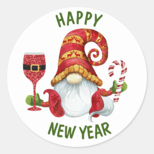 Funny New Year Party Gnome Classic Round Sticker