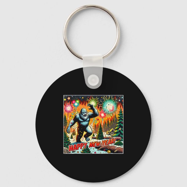 Funny New Years Eve 2024 Bigfoot And Fireworks Hum Keychain (Front)