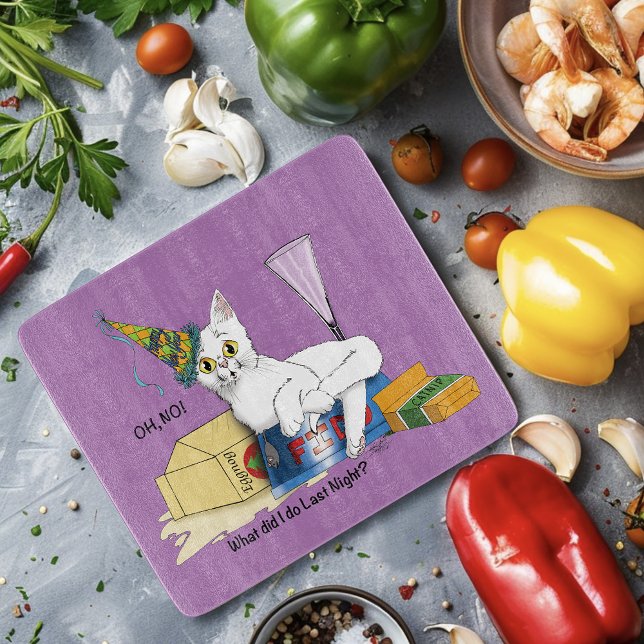 Funny New Year's Eve Aftermath White Cat Cutting Board (Creator Uploaded)