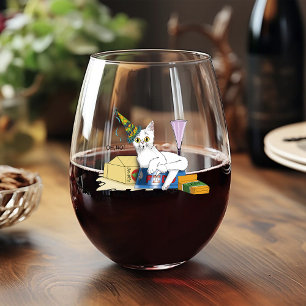 Funny New Year's Eve Aftermath White Cat Stemless Wine Glass