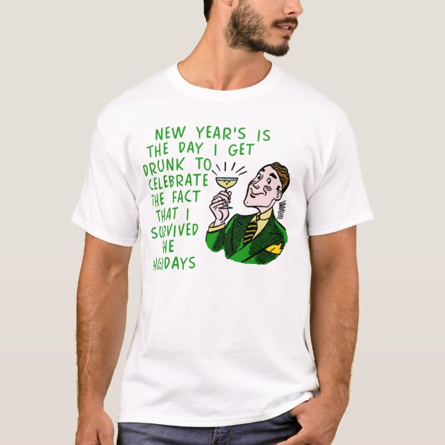 Funny New Years Retro Drinking Man with Champagne T-Shirt (Front)