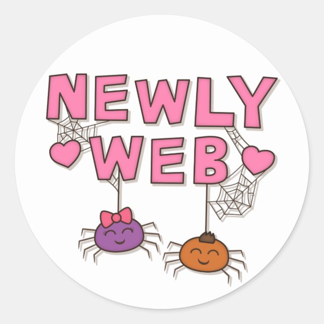Funny Newly Wed or Web Spiders Pun Humour Classic Round Sticker (Front)
