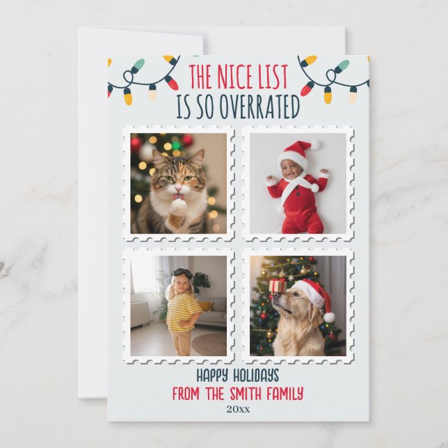 Funny Nice List Overrated 4 Photo Christmas Holiday Card (Front)