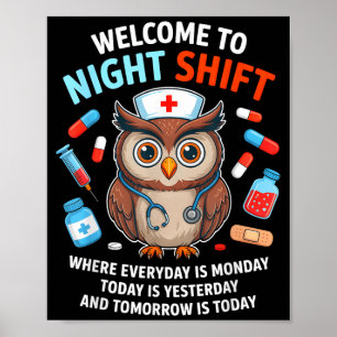 Funny night shift nurse owl nursing school squad poster