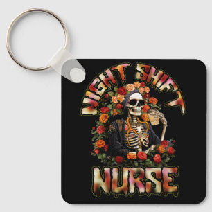 Funny Night Shift Nurse Skeleton Halloween RN Nurs Keychain