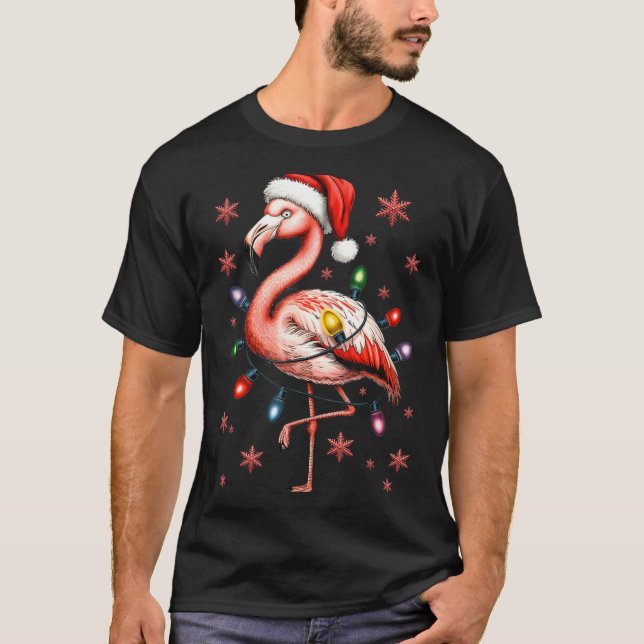 Funny Nk Flamingo Christmas Tree Lights Xmas Snowf T-Shirt (Front)