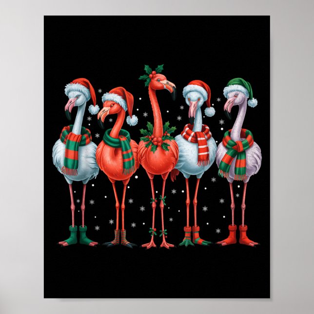 Funny Nk Flamingos Merry Christmas Tree Xmas Snowf Poster (Front)