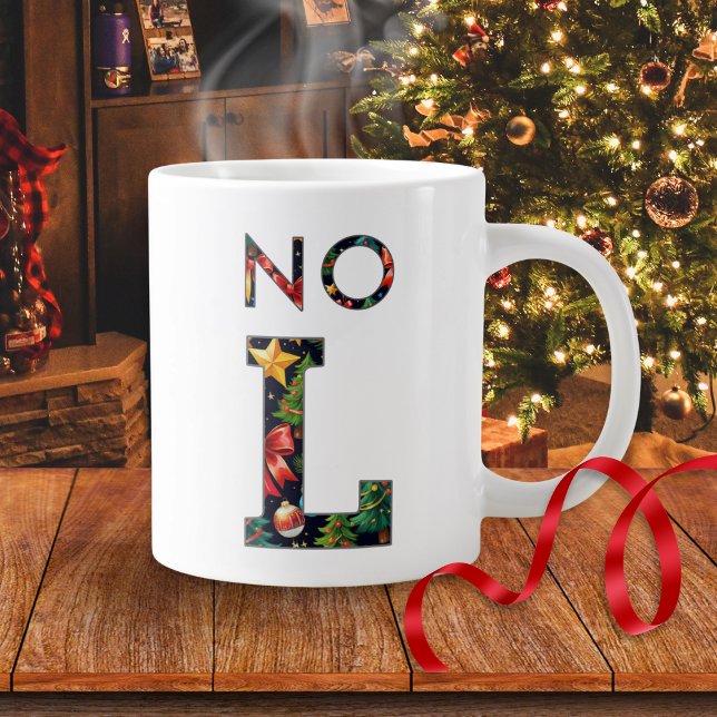 Funny "No L" Personalized Christmas Pun Large Coffee Mug (A Christmas mug with 'No L' caption in decorative letters, personalized with a name on the back)