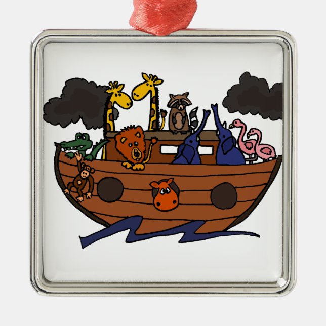 Funny Noah's Ark Cartoon Metal Ornament (Front)