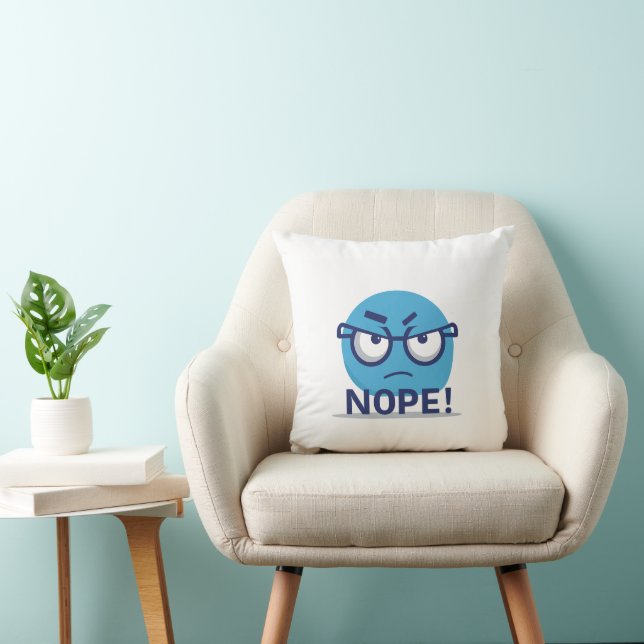 Funny Nope Emoji Pillow – Blue Angry Face with Gla (Chair)