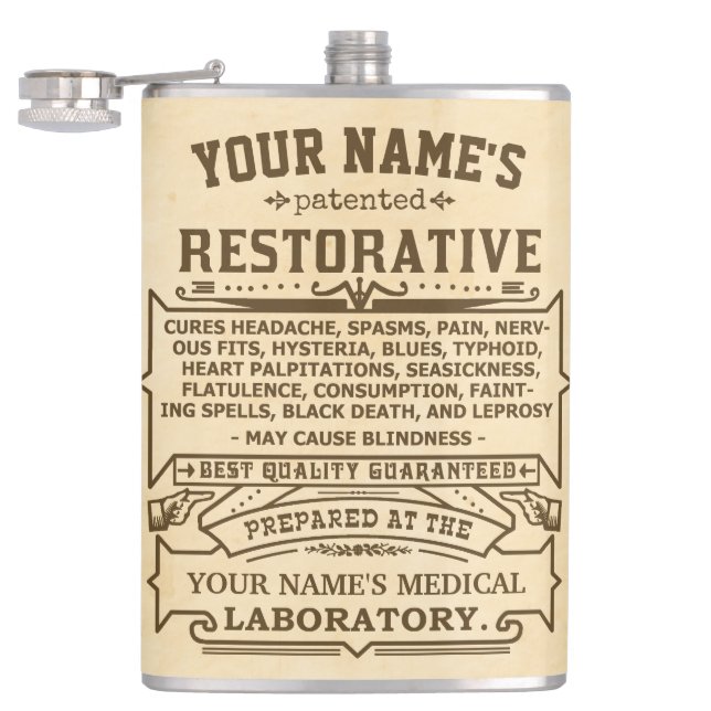 Funny Novelty Personalized Cure-All Vintage Hip Flask (Opened)