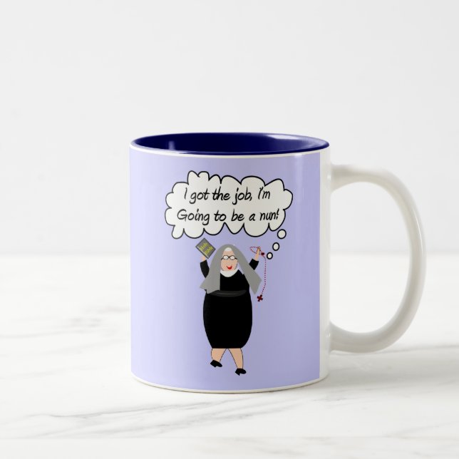 Funny Nun Cards "Got The Job!" (Gail Gabel) Two-Tone Coffee Mug (Right)