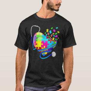 Funny Nurse Autism Puzzle Stethoscope Heart 4 T-Shirt