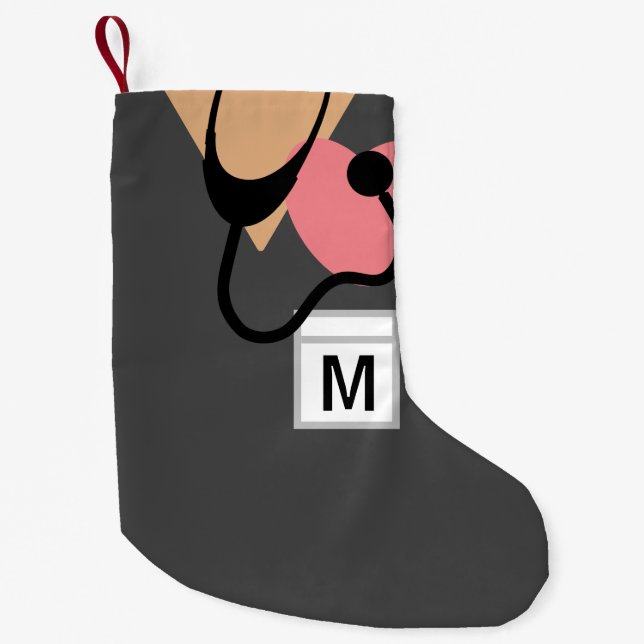 Funny Nurse Medical Grey Scrub Top Monogram Small Christmas Stocking (Front)