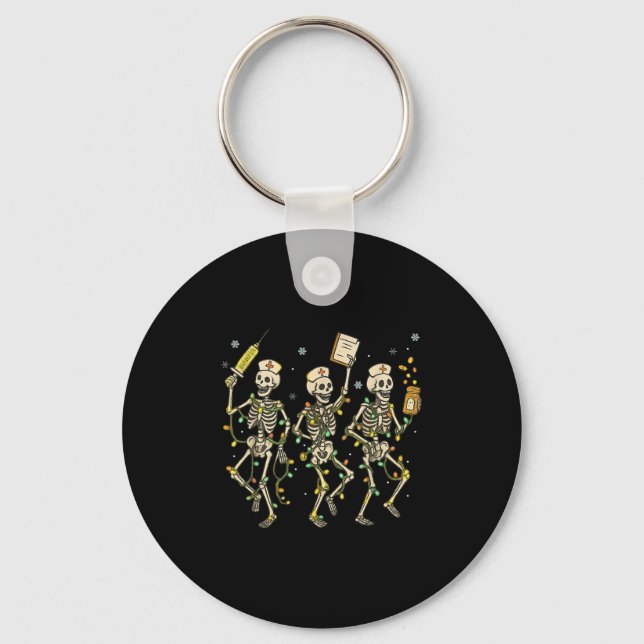 Funny Nurse Skeleton Christmas Light Dance Stethos Keychain (Front)