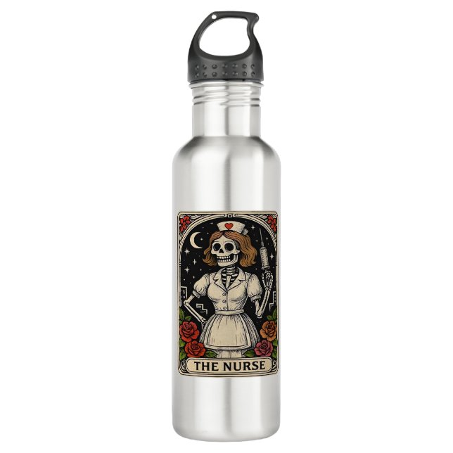 Funny Nurse Skeleton Tarot Card Halloween Nursing  710 Ml Water Bottle (Front)