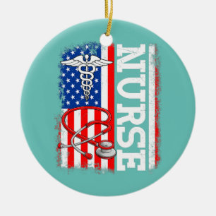 Funny Nurse Stethoscope USA American Flag Happy Ceramic Ornament