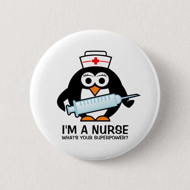 Funny nursing buttons with cute penguin nurse (Front)