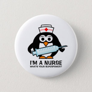 Funny nursing buttons with cute penguin nurse