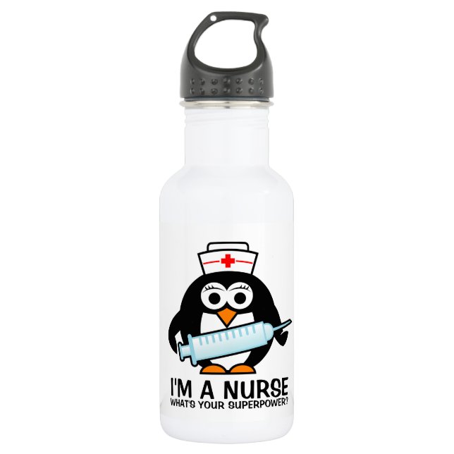 Funny nursing water bottle with cute penguin nurse (Front)