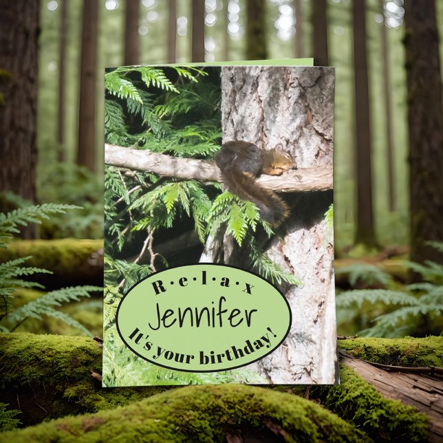 Funny Nuts Animal Squirrel Naps in Tree Birthday Card (Funny squirrel napping in tree, personalized birthday card, relax for your birthday, coworker humor.)