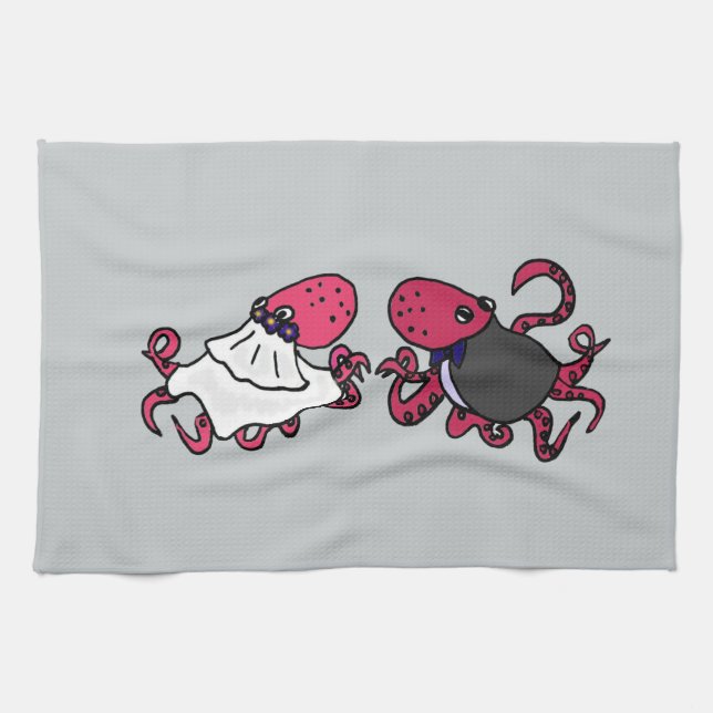 Funny Octopus Bride and Groom Wedding Art Kitchen Towel (Horizontal)