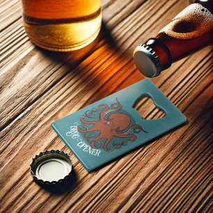 Funny Octopus Grog Opener Red Tentacles Cartoon Credit Card Bottle Opener
