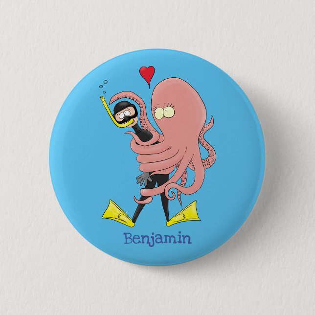 Funny octopus hugs diver cartoon humour 2 inch round button (Front)