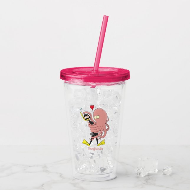 Funny octopus hugs diver cartoon humour acrylic tumbler (Back Ice)