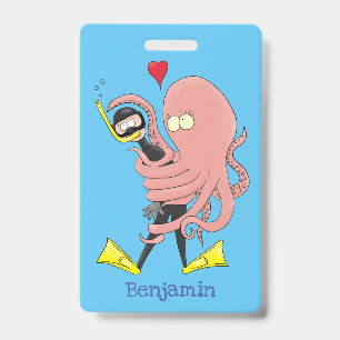 Funny octopus hugs diver cartoon humour badge