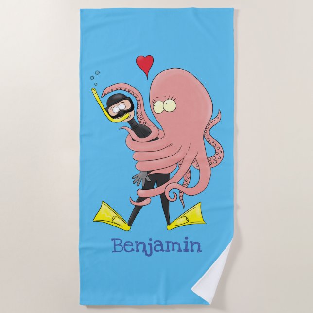 Funny octopus hugs diver cartoon humour  beach towel (Front)