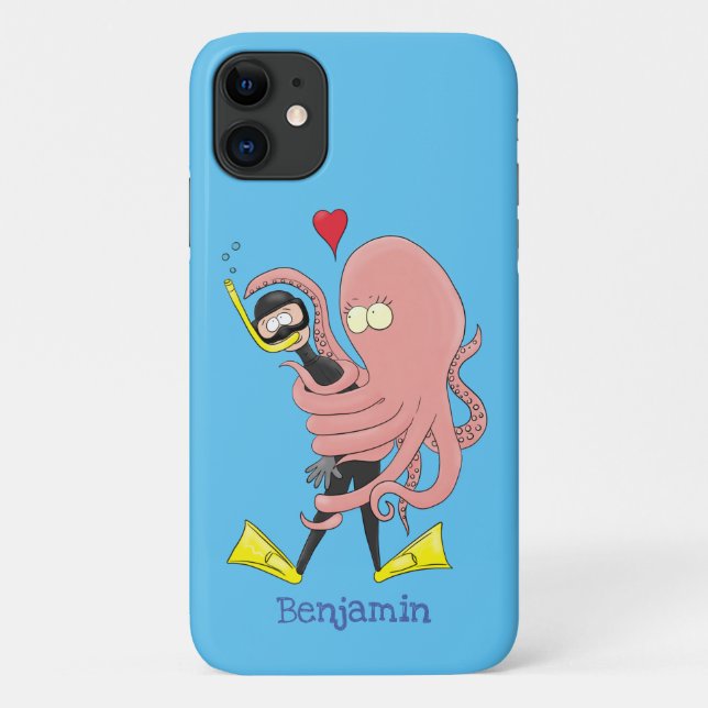 Funny octopus hugs diver cartoon humour Case-Mate iPhone case (Back)