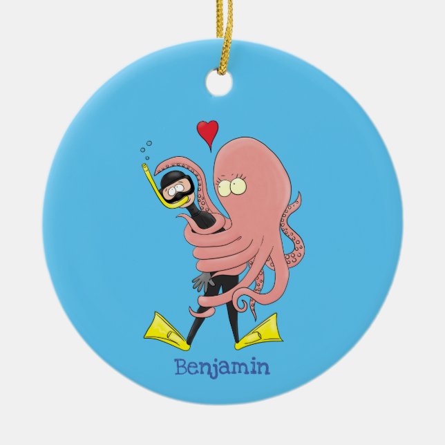 Funny octopus hugs diver cartoon humour ceramic ornament (Front)