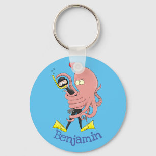 Funny octopus hugs diver cartoon humour  keychain