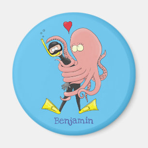 Funny octopus hugs diver cartoon humour magnet