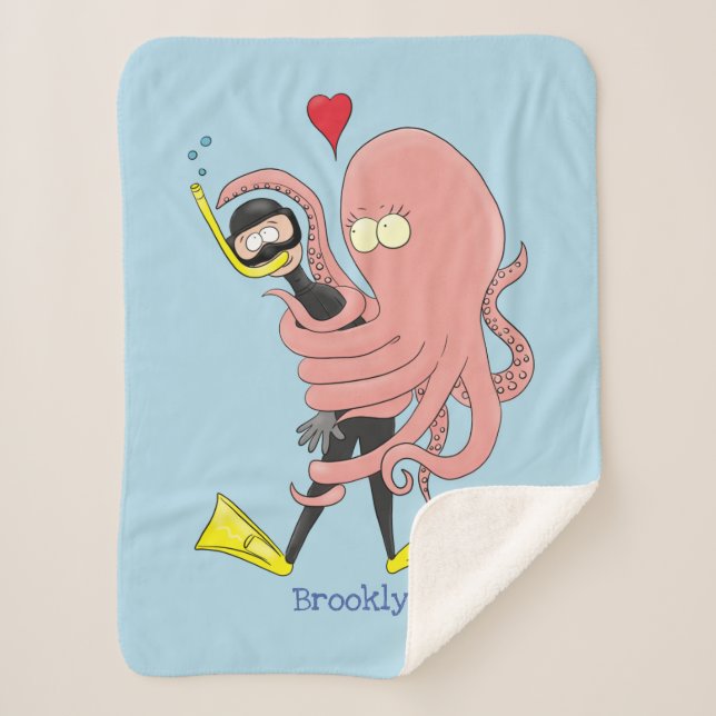 Funny octopus hugs diver cartoon humour sherpa blanket (Front)