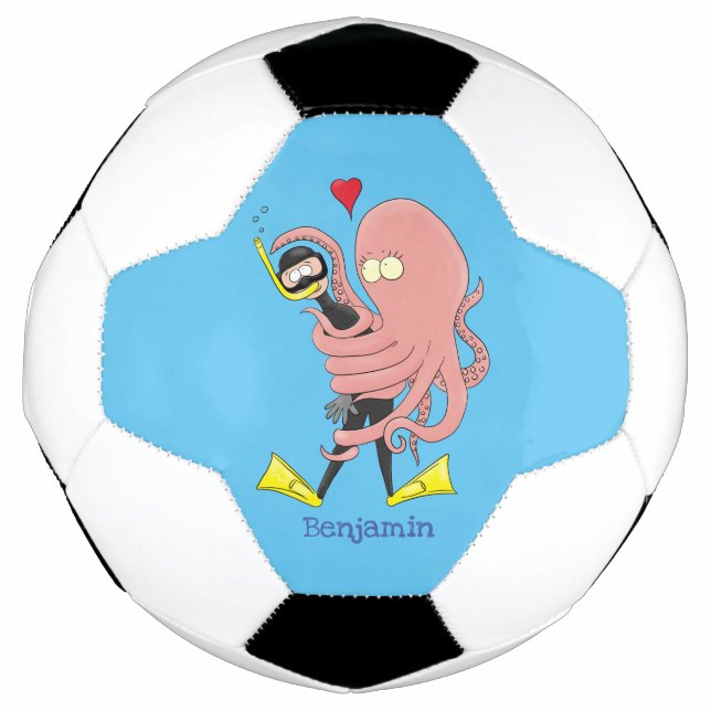 Funny octopus hugs diver cartoon humour soccer ball (Front)