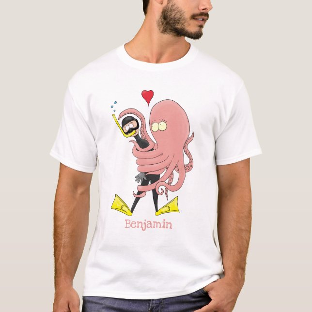 Funny octopus hugs diver cartoon humour  T-Shirt (Front)
