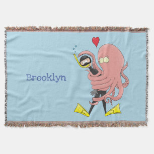Funny octopus hugs diver cartoon humour throw blanket