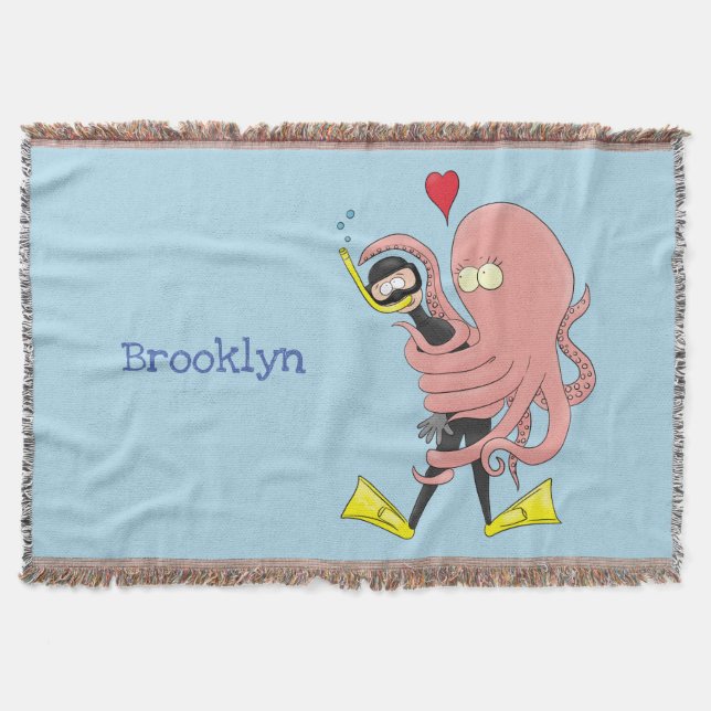 Funny octopus hugs diver cartoon humour throw blanket (Front)