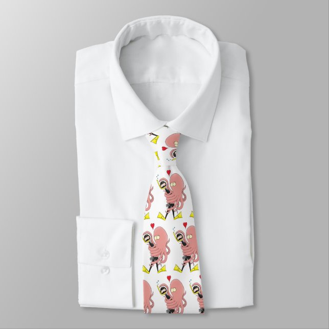 Funny octopus hugs diver cartoon humour tie (Tied)