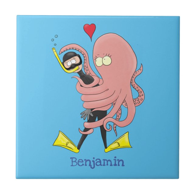 Funny octopus hugs diver cartoon humour tile (Front)